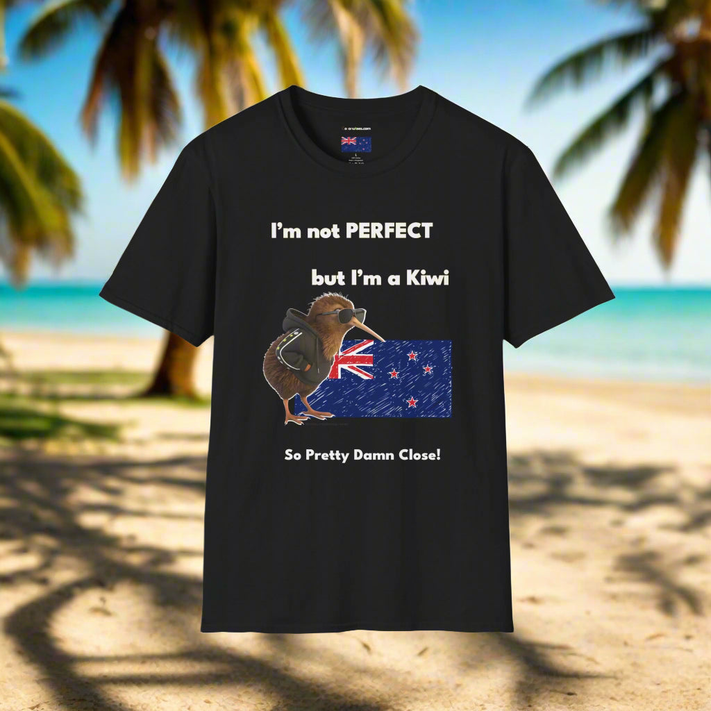 Black t-shirt with a kiwi bird graphic and text on a white background