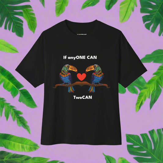 Black t-shirt with colorful parrot design and text on a white background