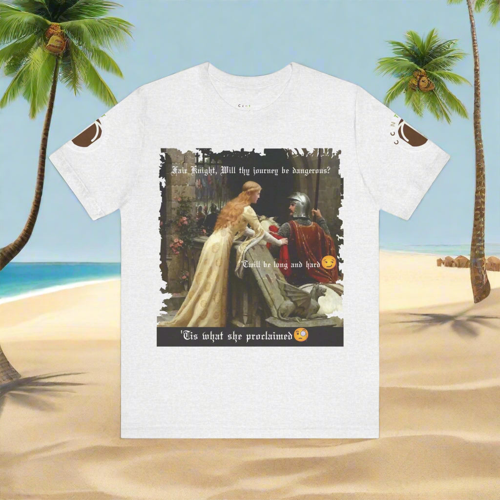 White t-shirt with a graphic design of a knight and woman in a castle setting on a white background.