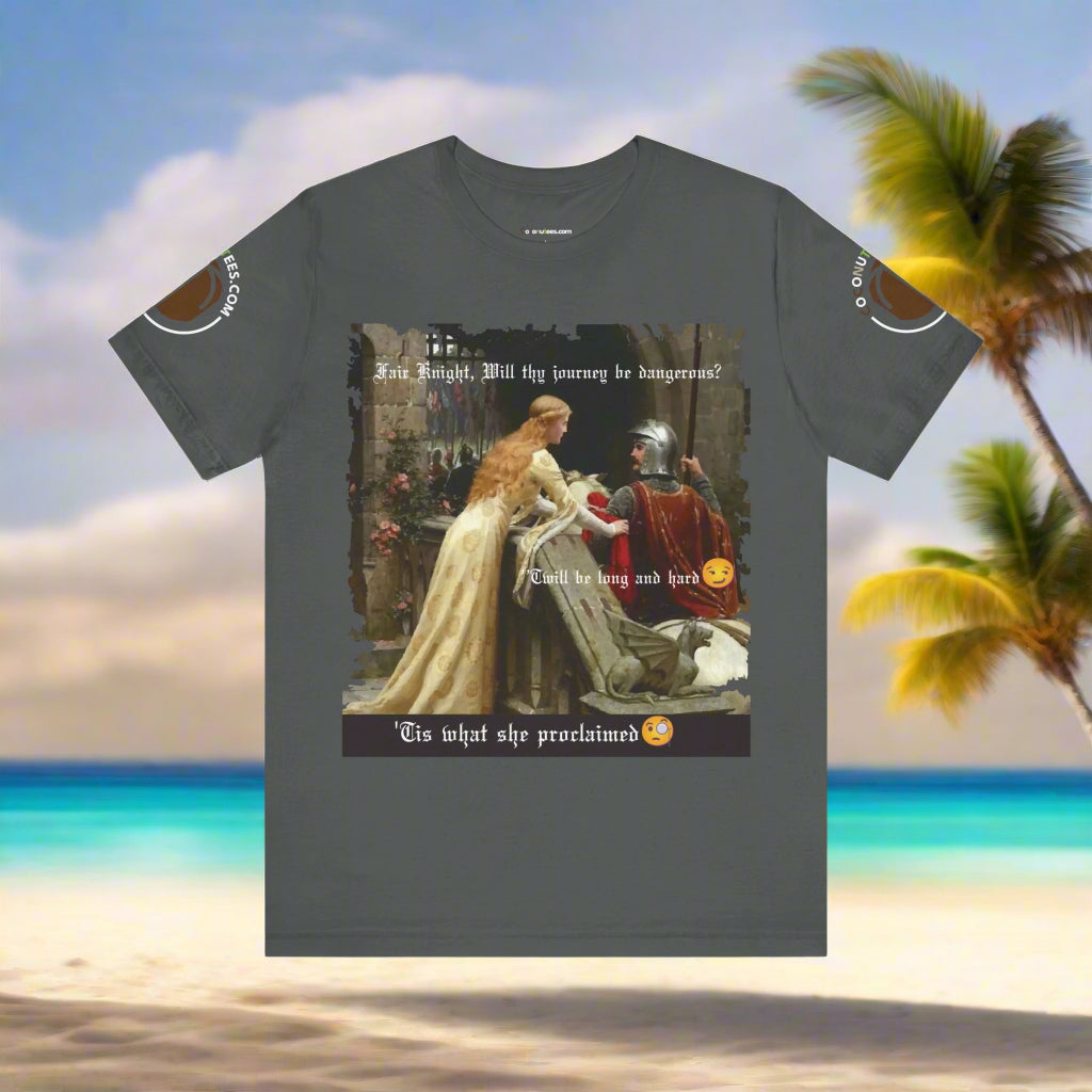 Gray t-shirt with a graphic design of a knight and woman in a castle setting.