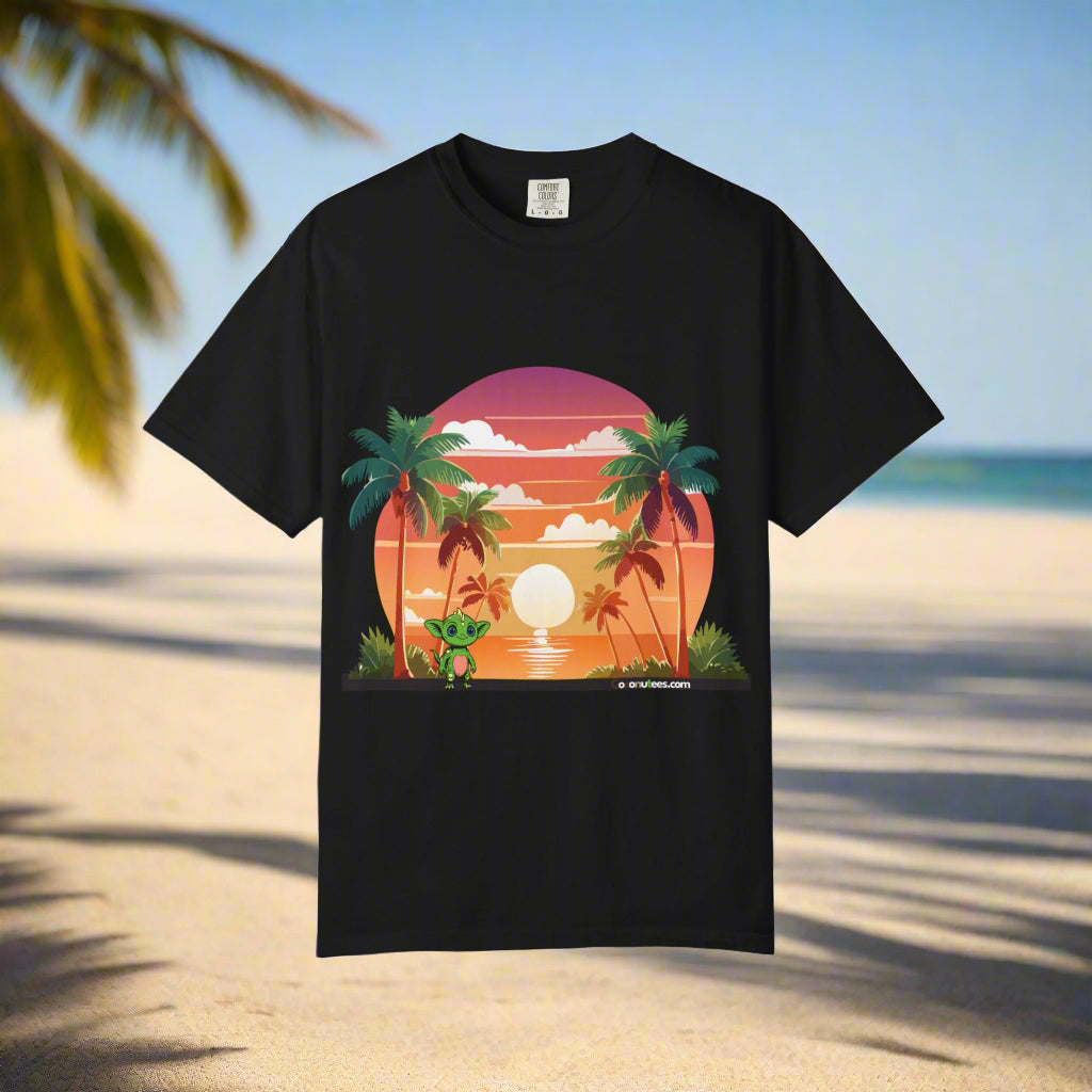Black t-shirt with a colorful graphic of a sunset, palm trees, and a character on a white background.